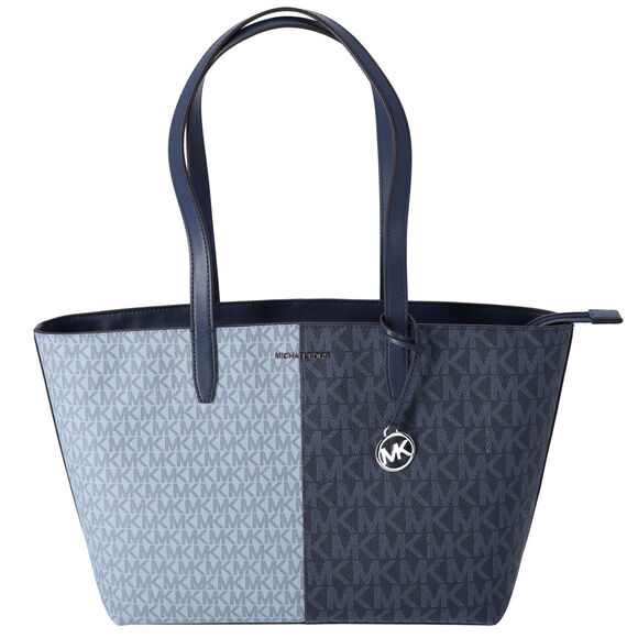 Michael Kors Jet Set Travel Medium Top Zip Tote Navy Multi MK Signature - Picture 1 of 4